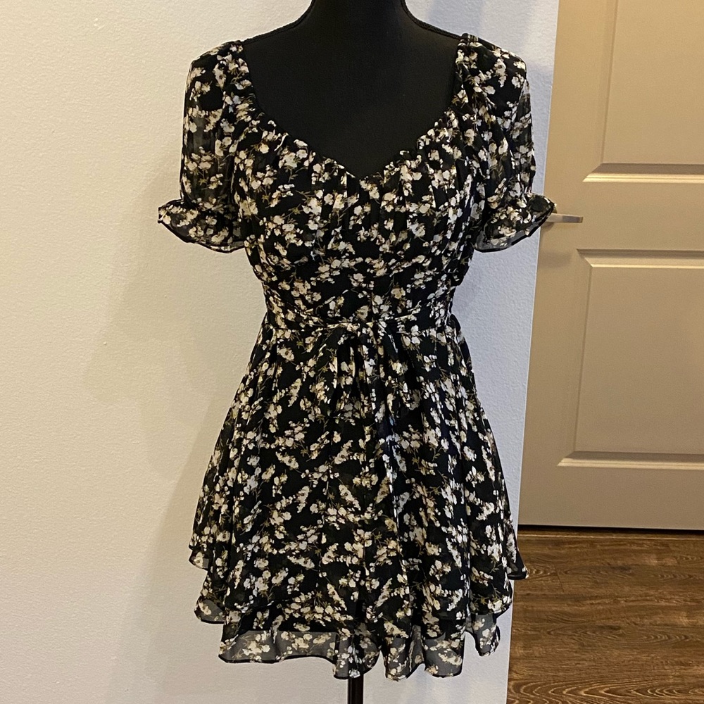 Papaya Shirred Chiffon Floral Back Bow Dress SizeM